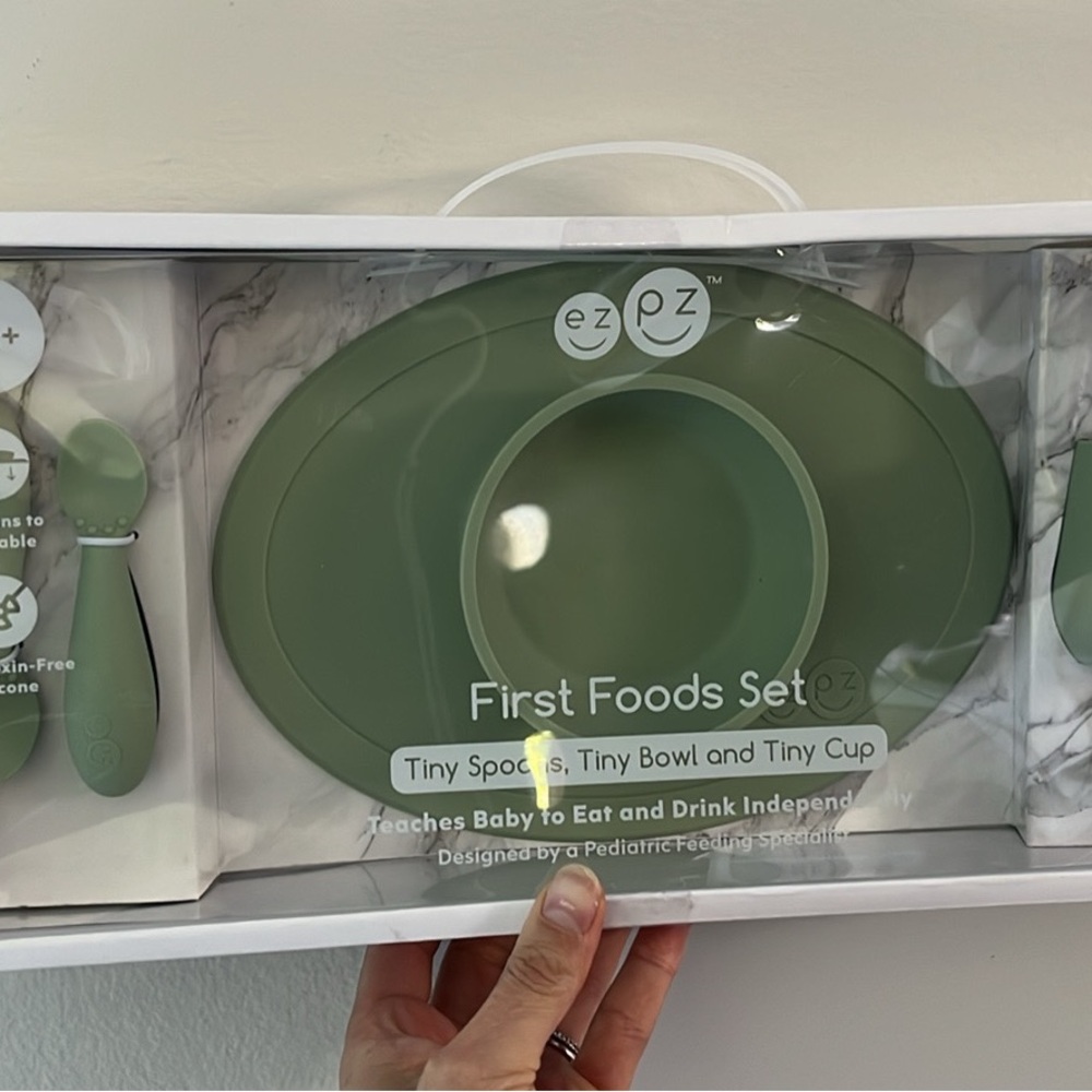 ezpz First Foods Set - Olive Green Baby Feeding Bowl & Spoon Set - Brand New